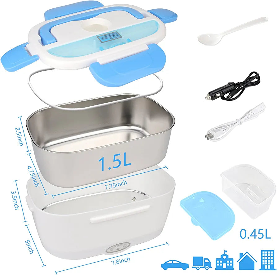 Electric Lunch Boxes , 60 W Heated Lunch Box Food Heater 2 in 1 for Work Home Truck and Car Leak Proof, 1.5L Removable Stainless Steel Container, 110V/12V