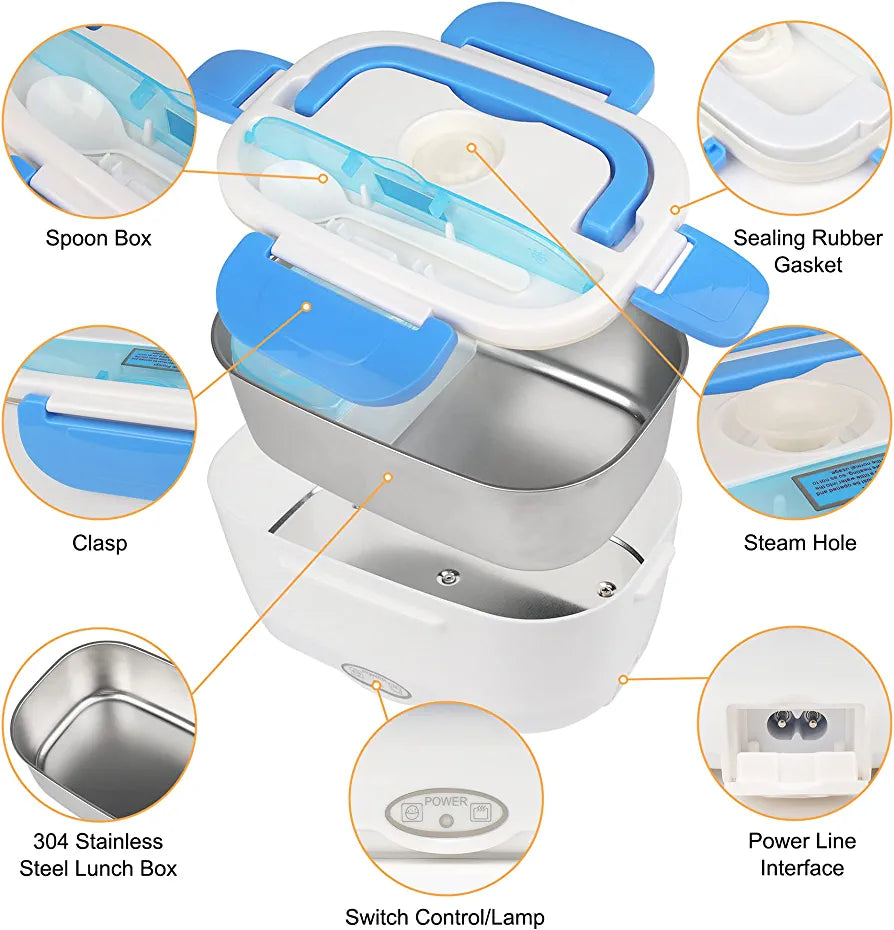 Electric Lunch Boxes , 60 W Heated Lunch Box Food Heater 2 in 1 for Work Home Truck and Car Leak Proof, 1.5L Removable Stainless Steel Container, 110V/12V