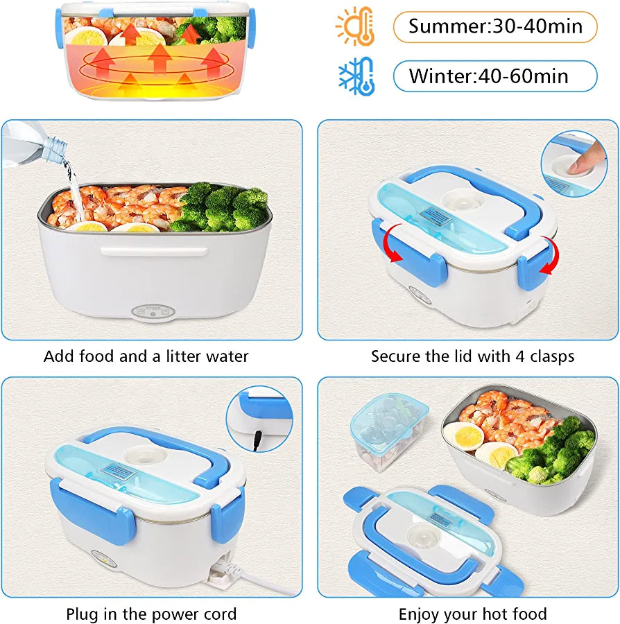 Electric Lunch Boxes , 60 W Heated Lunch Box Food Heater 2 in 1 for Work Home Truck and Car Leak Proof, 1.5L Removable Stainless Steel Container, 110V/12V